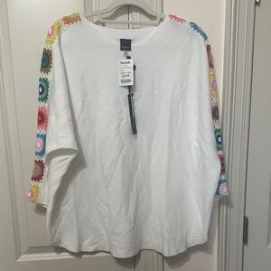 Ariella White Crewneck Sweater with Multicolor Crochet Sleeve Panels